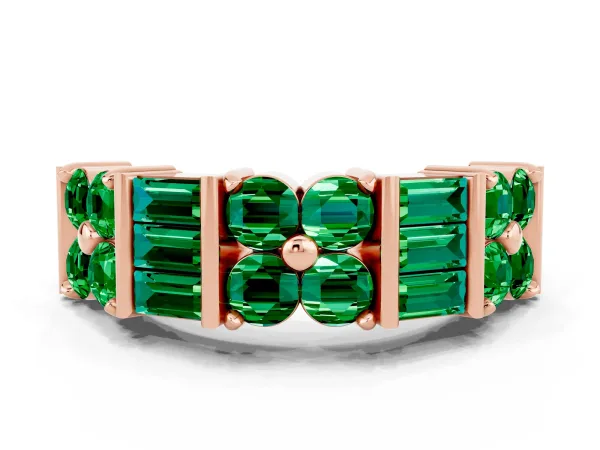 Channel Set Round and Baguette Emerald Anniversary Band with Prong Setting Rose gold