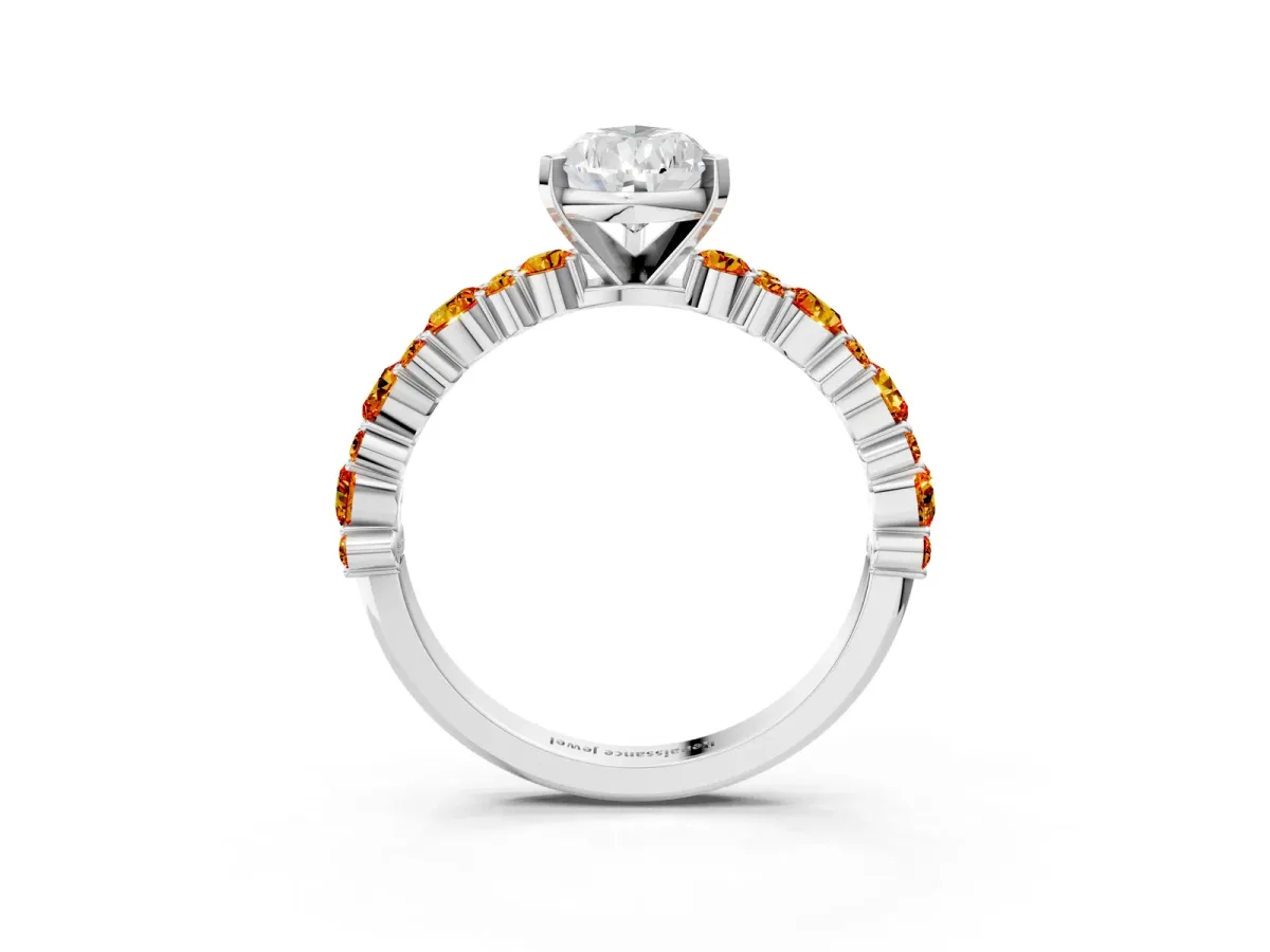 Pear Cut Diamond Side Stone Solitaire Ring with Round Citrine and Four-Prong Setting White gold