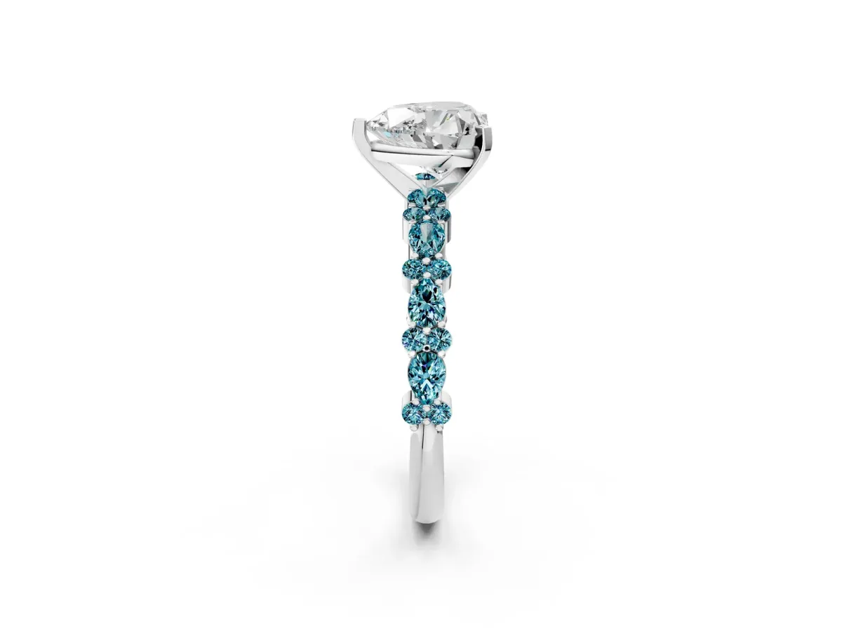 Heart Cut Diamond Side Stone Solitaire Ring with Round Blue Topaz and Four-Prong Setting Silver