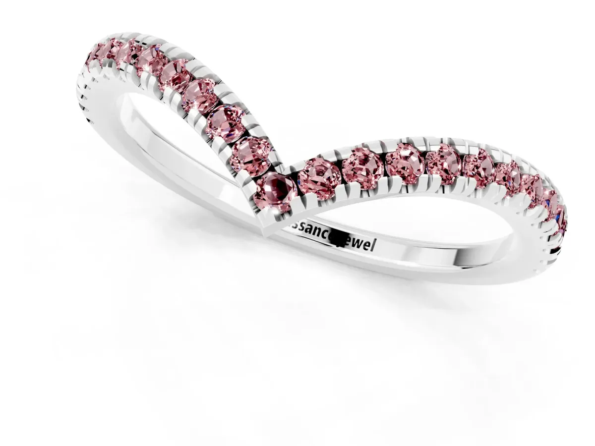 Pavé Round Morganite V-Shaped Chevron Band with Shared Prong Setting Silver