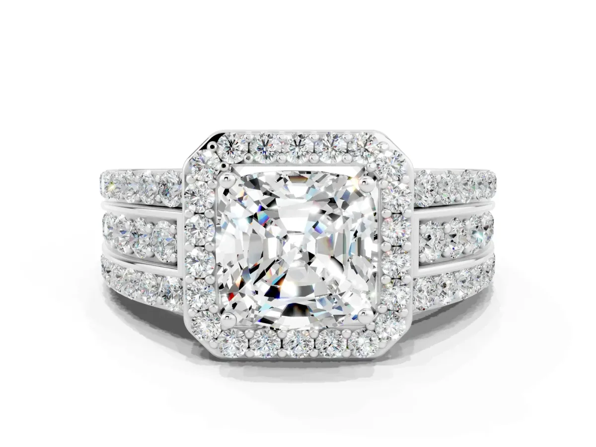 Cushion Cut Halo Moissanite Ring with Round Split Shank and Prong Setting Platinum