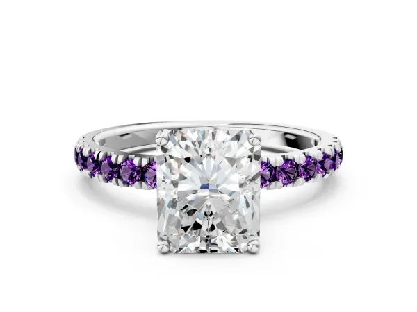 Radiant Cut Diamond Pave Band Solitaire Ring with Round Amethyst and Prong Setting Platinum