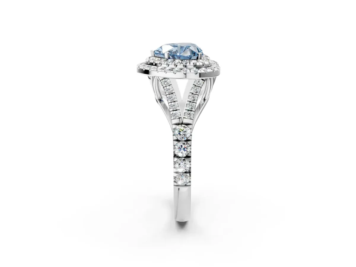 Fancy Blue Heart Cut Cut Double Halo Split Shank Diamond Ring with Prong Setting Platinum