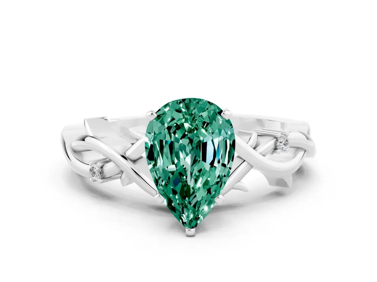 Pear Cut Green Sapphire Solitaire Ring with Twisted Band and Prong Setting Silver