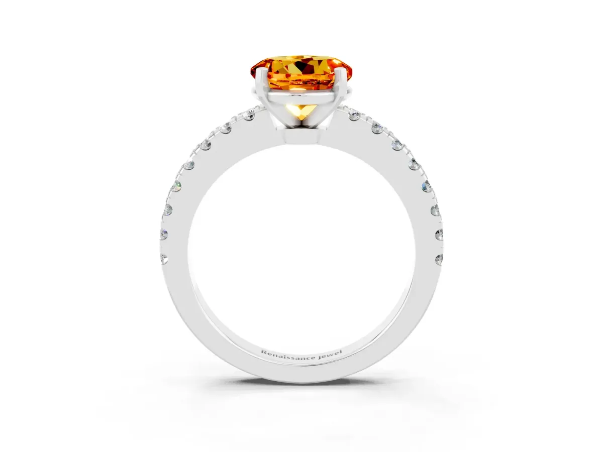 Round Cut Solitaire Citrine with Pavé Band and Four-Prong Setting Silver