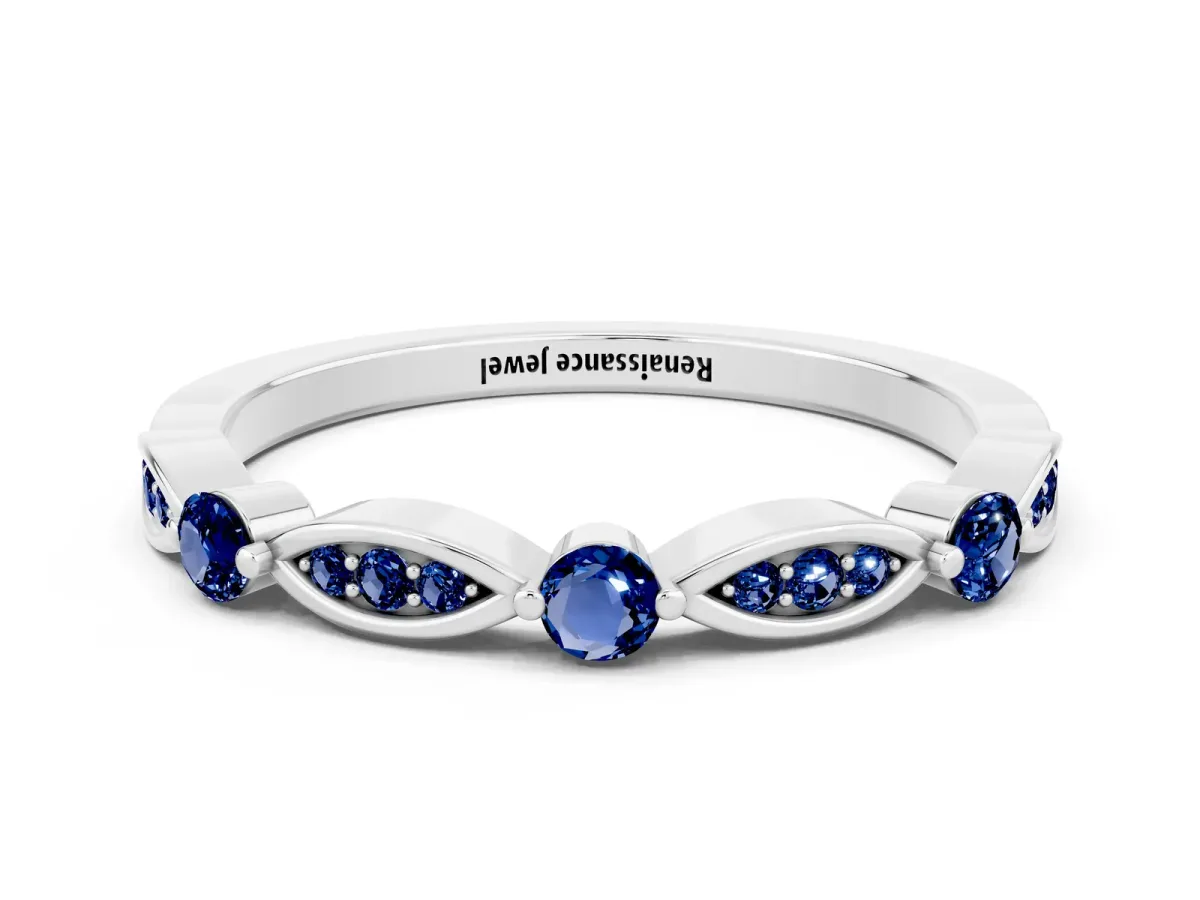 Marquise and Round Blue Sapphire Milgrain Band with Bezel Setting Platinum
