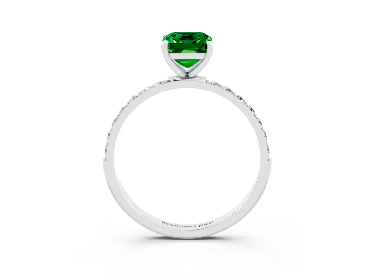 Emerald Cut Emerald Solitaire Ring with Round Pavé Band and Prong Setting Platinum