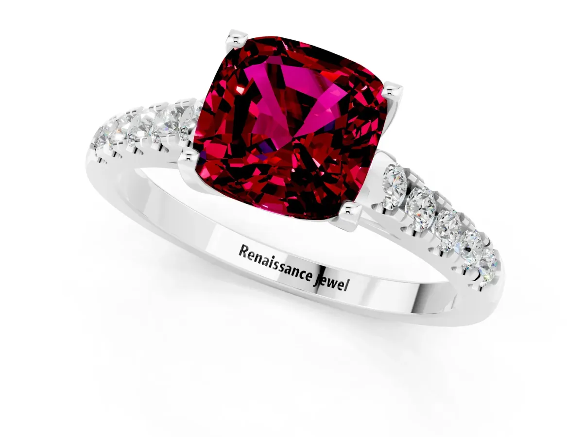 Cushion Cut Garnet Pavé Band Solitaire Ring with Prong Setting Platinum