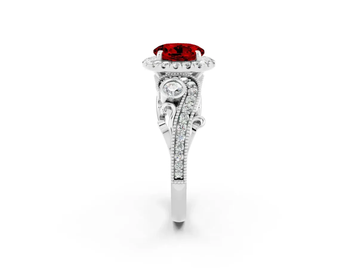 Round Cut Ruby Halo Ring with Milgrain Pavé Band and Four-Prong Setting Platinum
