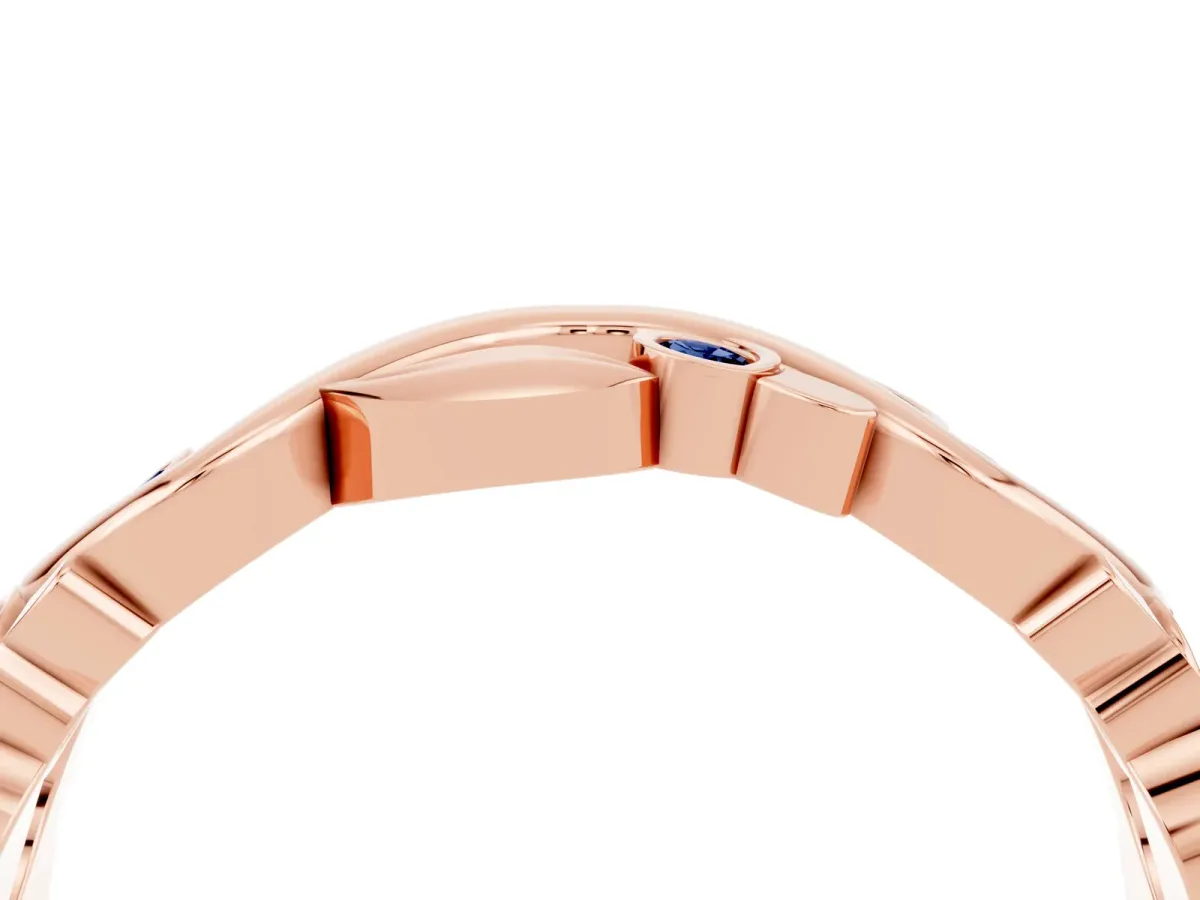 Round Blue Sapphire Leaf Eternity Band with Bezel Setting Rose gold