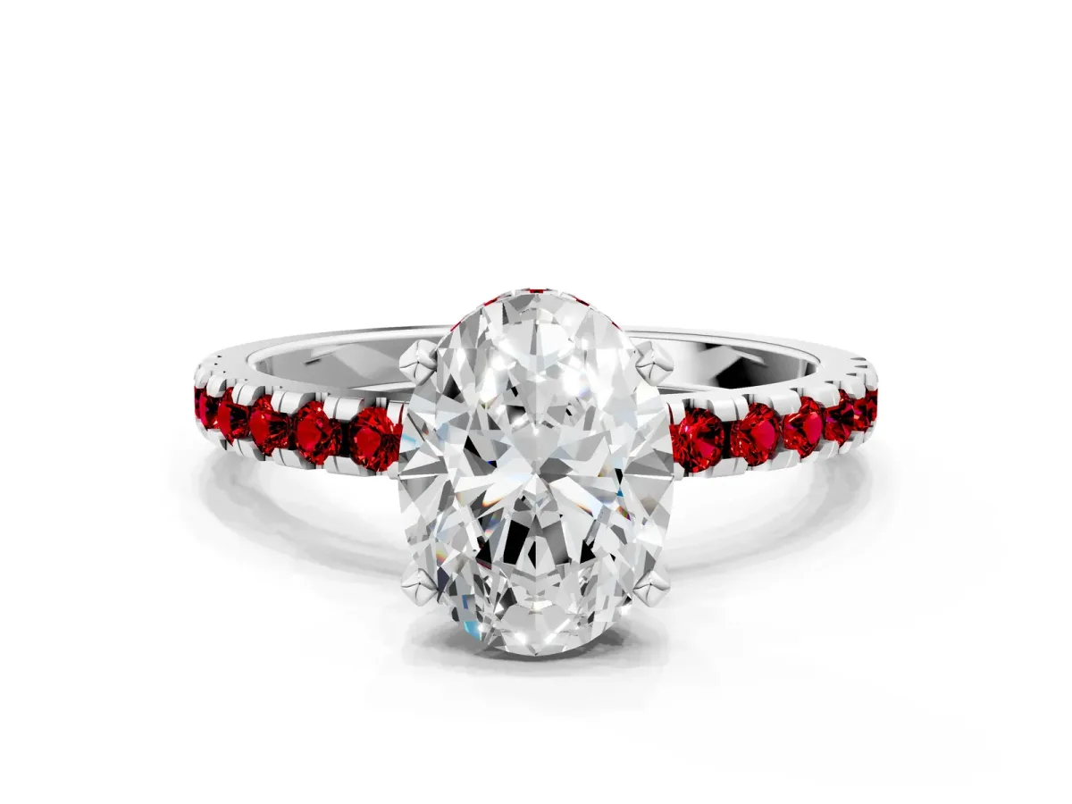 Oval Cut Diamond Solitaire Ring with Round Ruby Pavé Band and Four-Prong Setting Platinum