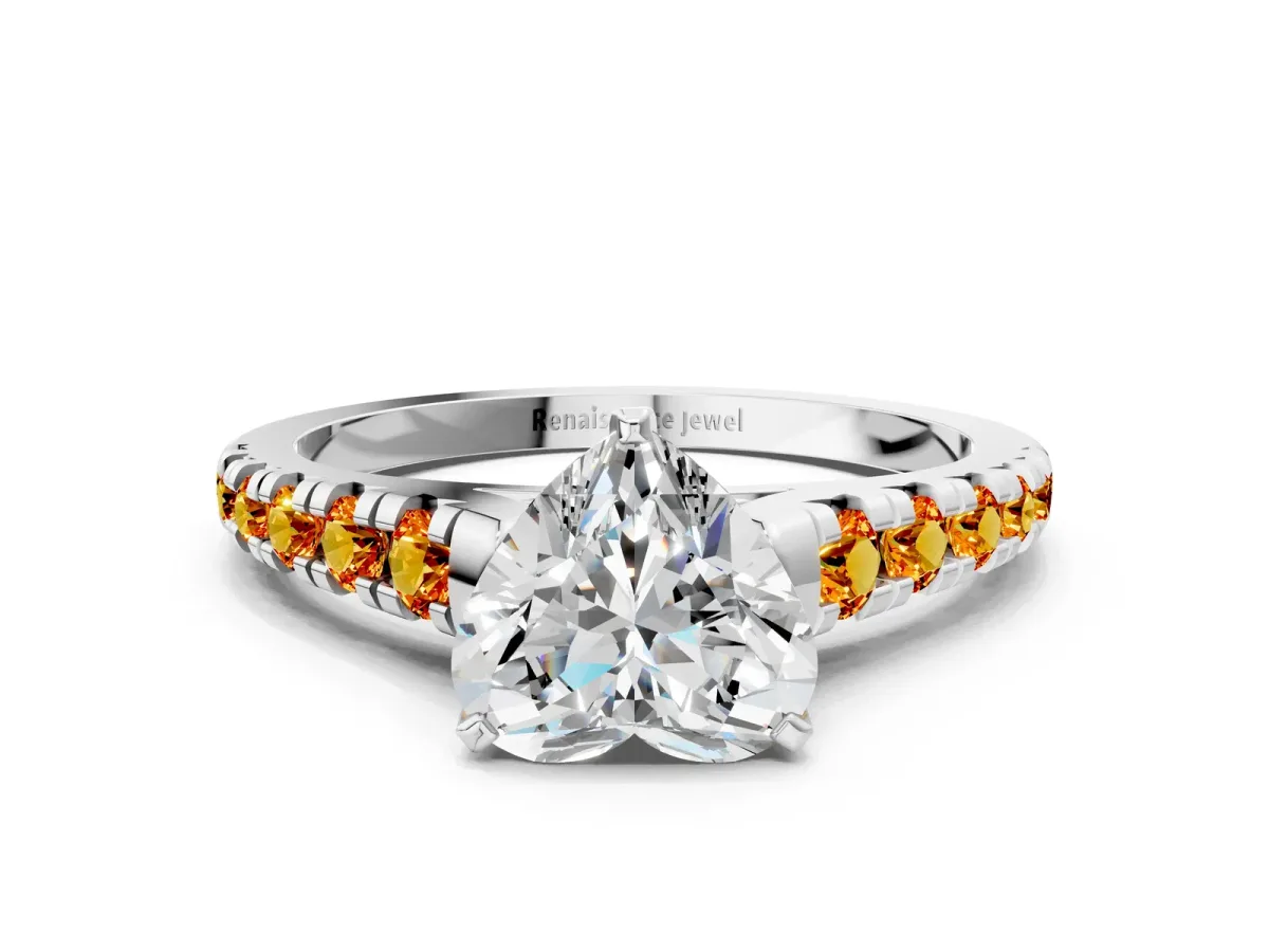 Heart Cut Diamond Cathedral Solitaire Ring with Round Citrine Pavé Band Silver