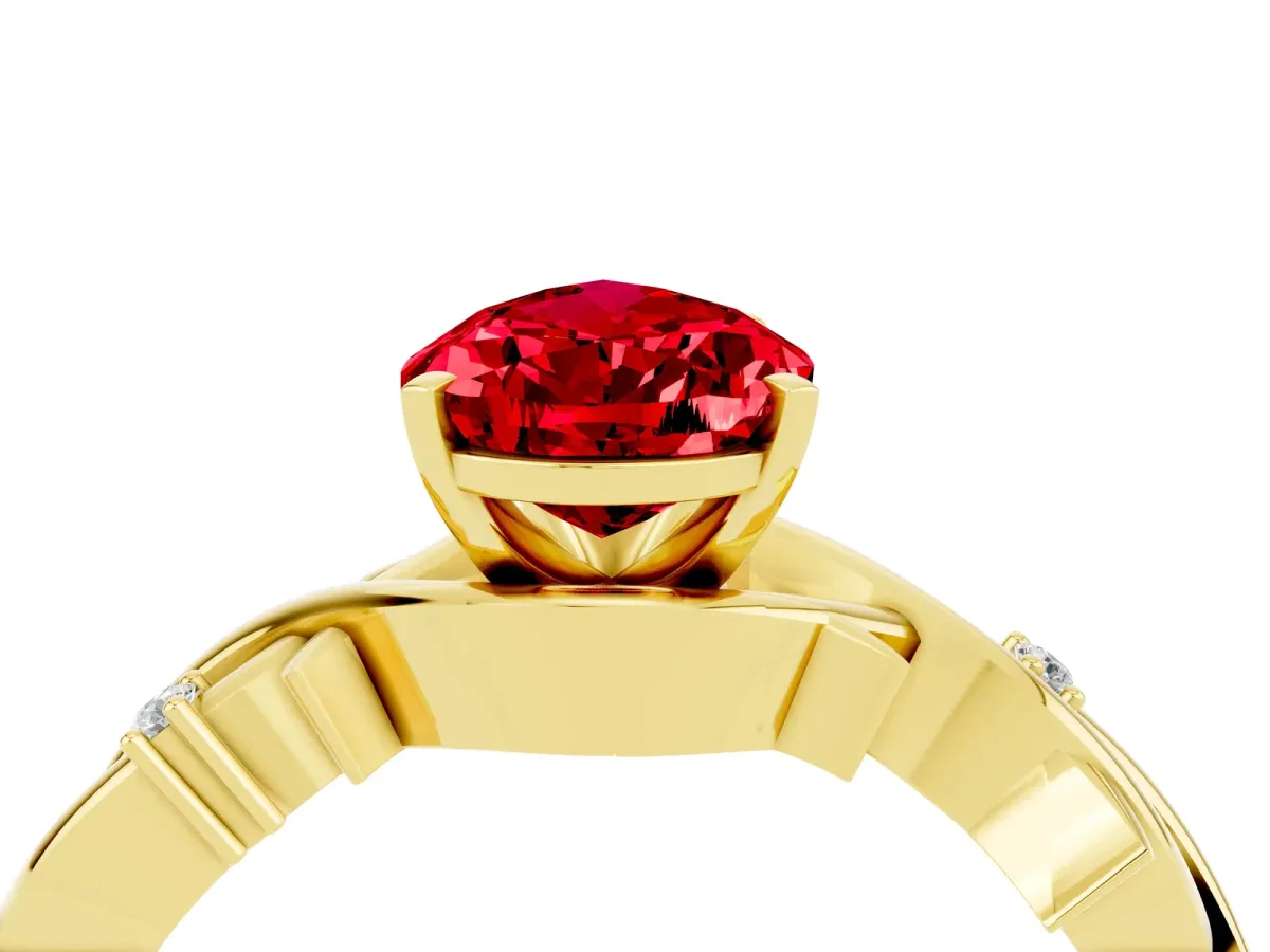 Pear Cut Ruby Solitaire Ring with Twisted Band and Prong Setting Yellow gold