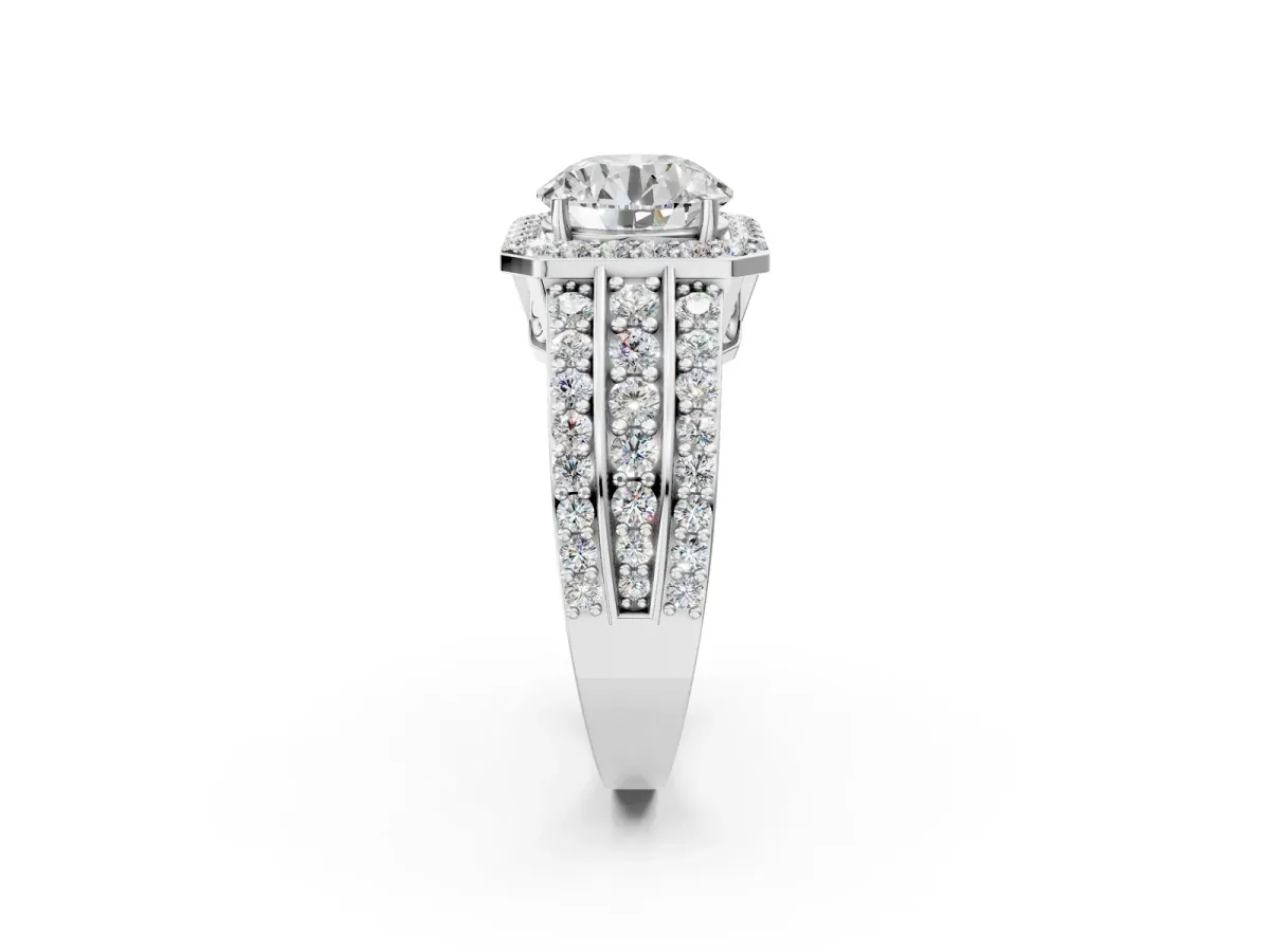 Round Cut Halo Diamond Ring with Round Split Shank and Prong Setting White gold