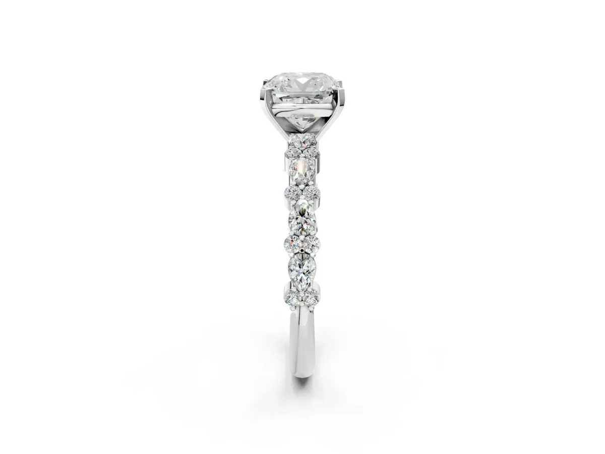 Cushion Cut Diamond Side Stone Solitaire Ring with Round and Four-Prong Setting White gold