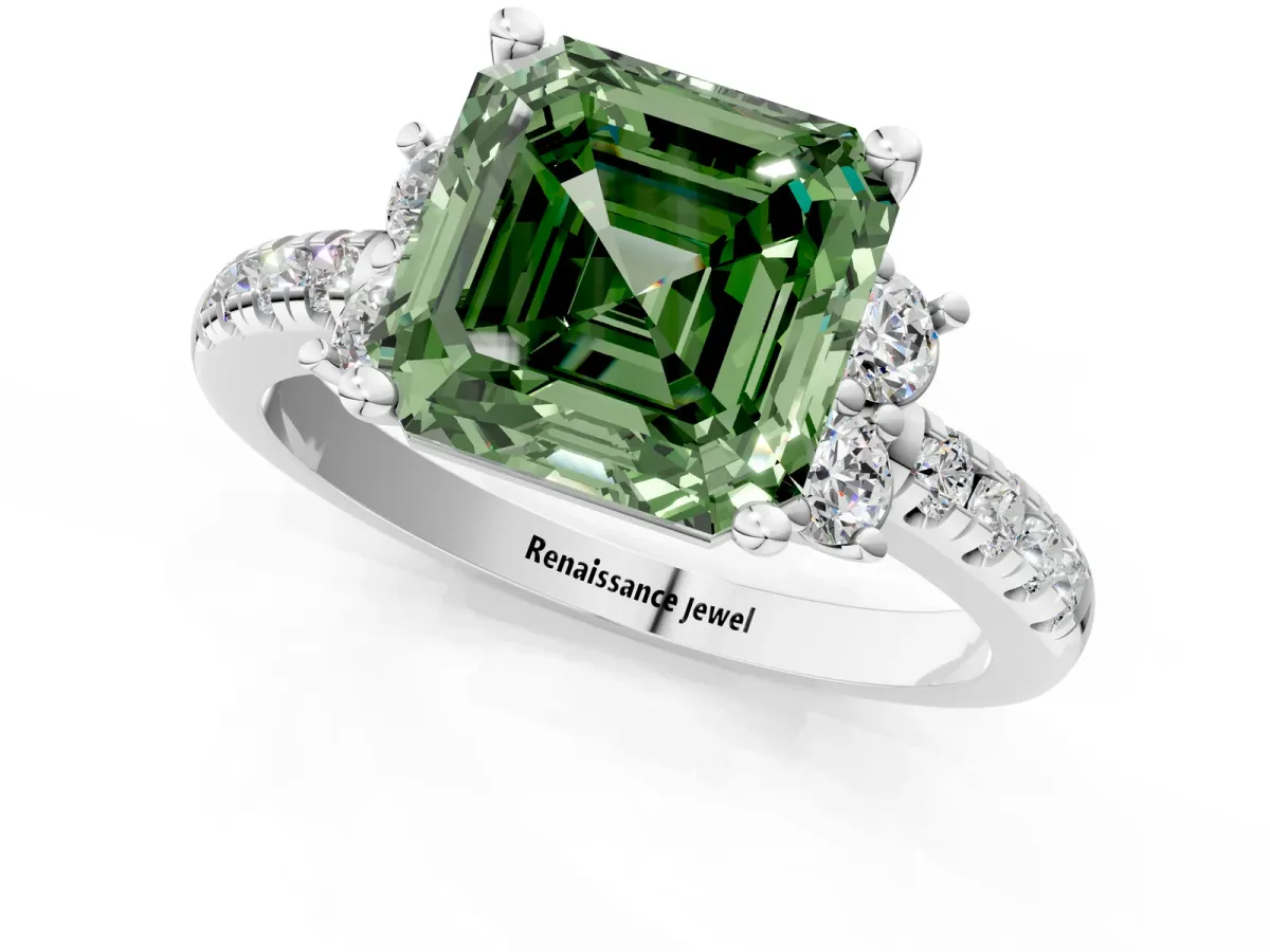 Fancy Green Asscher Cut Diamond Three-Stone Pave Band with Four-Prong Setting Platinum