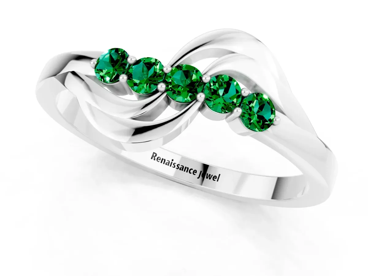 Five-Stone Round Emerald Crossover Band with Prong Setting Silver