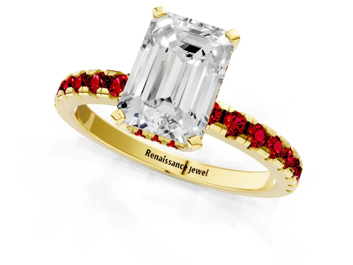 Emerald Cut Diamond Solitaire Ring with Round Ruby Pavé Band and Four-Prong Setting Yellow gold