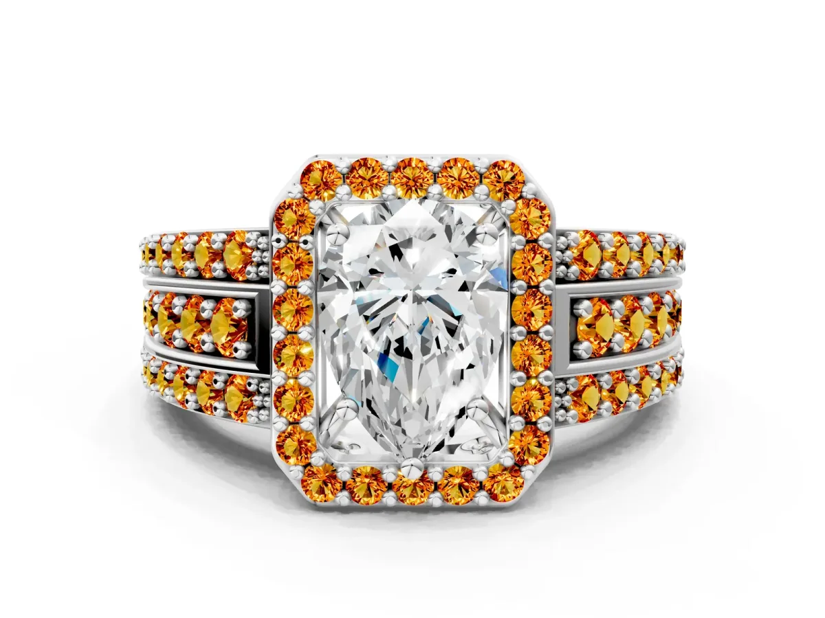 Pear Cut Halo Diamond Ring with Round Citrine Split Shank and Prong Setting Silver