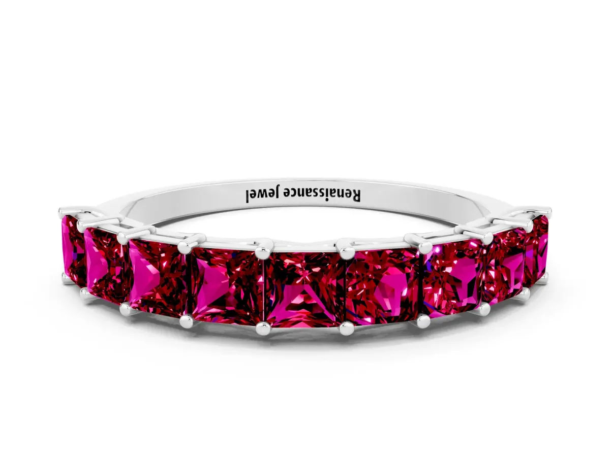 Princess Cut Garnet Channel-Set Eternity Band with Prong Setting Silver