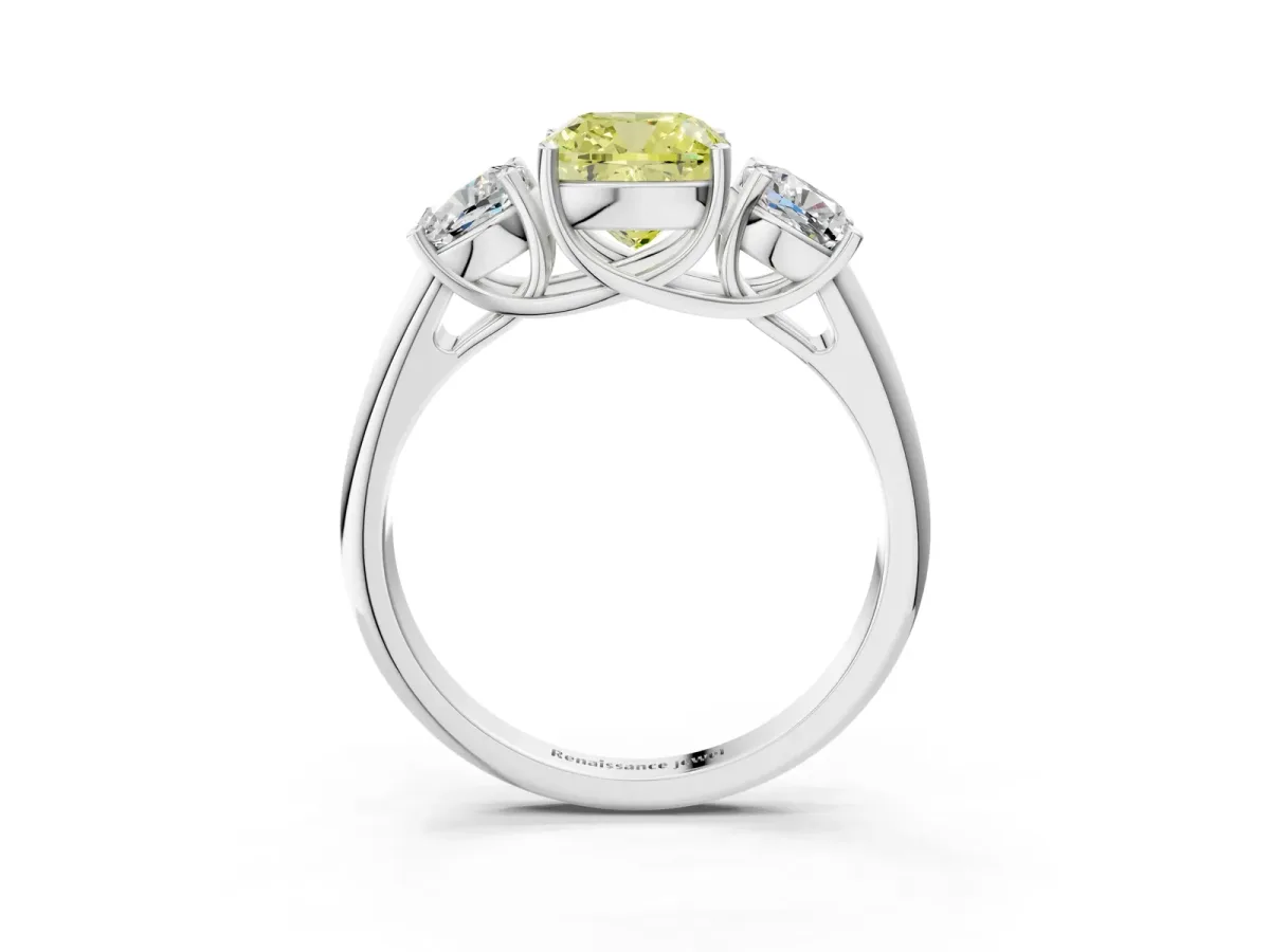 Fancy Yellow Three-Stone Cushion Cut Diamond Engagement Ring with Prong Setting White gold