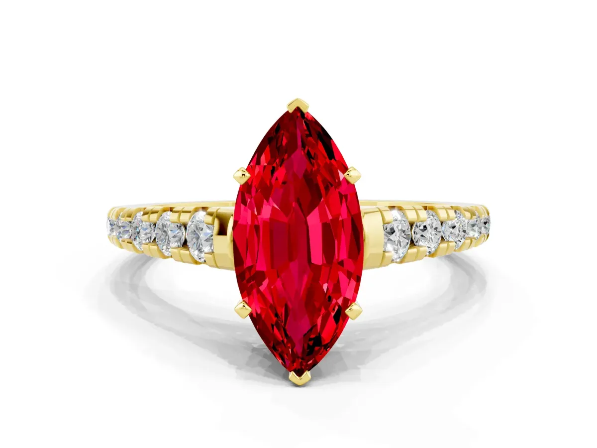 Marquise Cut Ruby Cathedral Solitaire Ring with Round Pavé Band Yellow gold