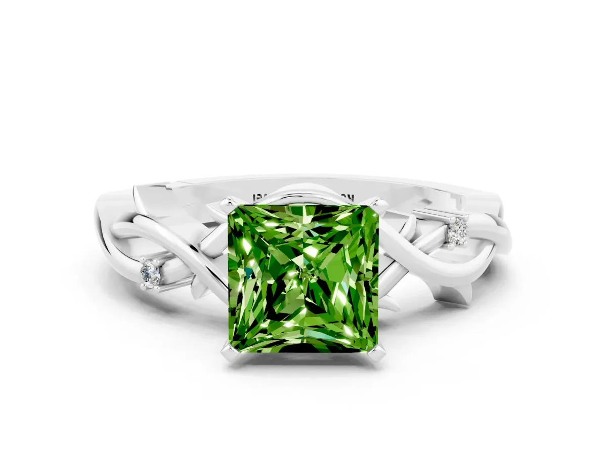 Princess Cut Peridot Solitaire Ring with Twisted Band and Prong Setting Platinum