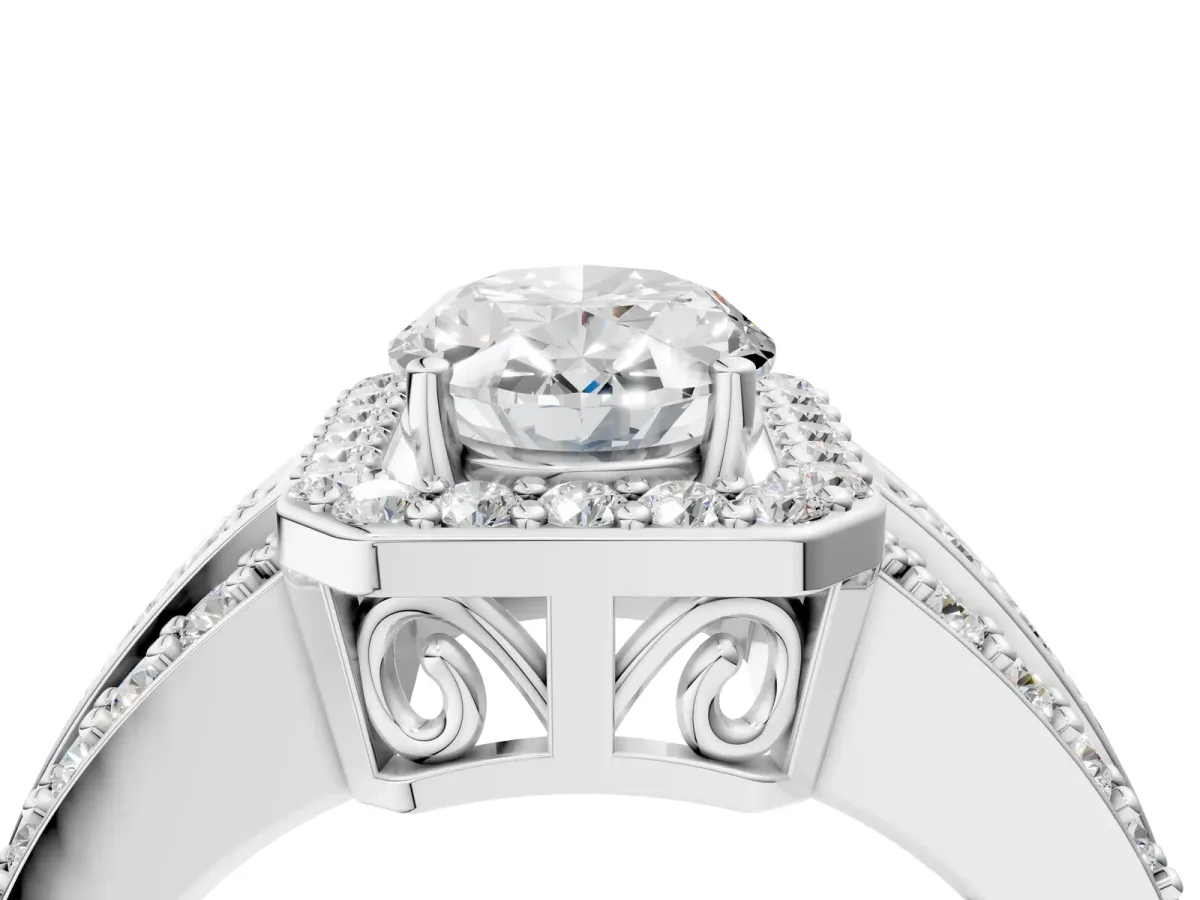 Oval Cut Halo Diamond Ring with Round Moissanite Split Shank and Prong Setting Silver