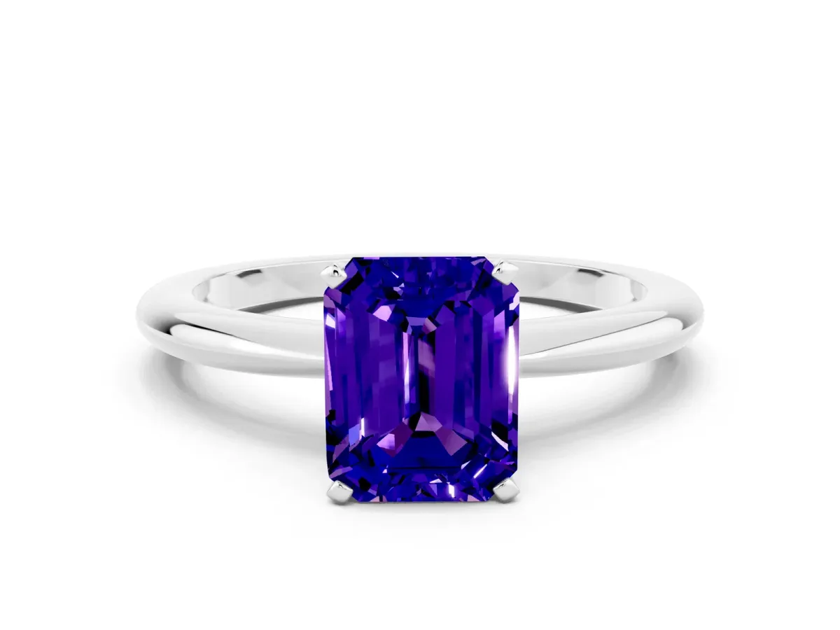 Emerald Cut Tanzanite Solitaire Ring with Six-Prong Setting and Classic Band Platinum