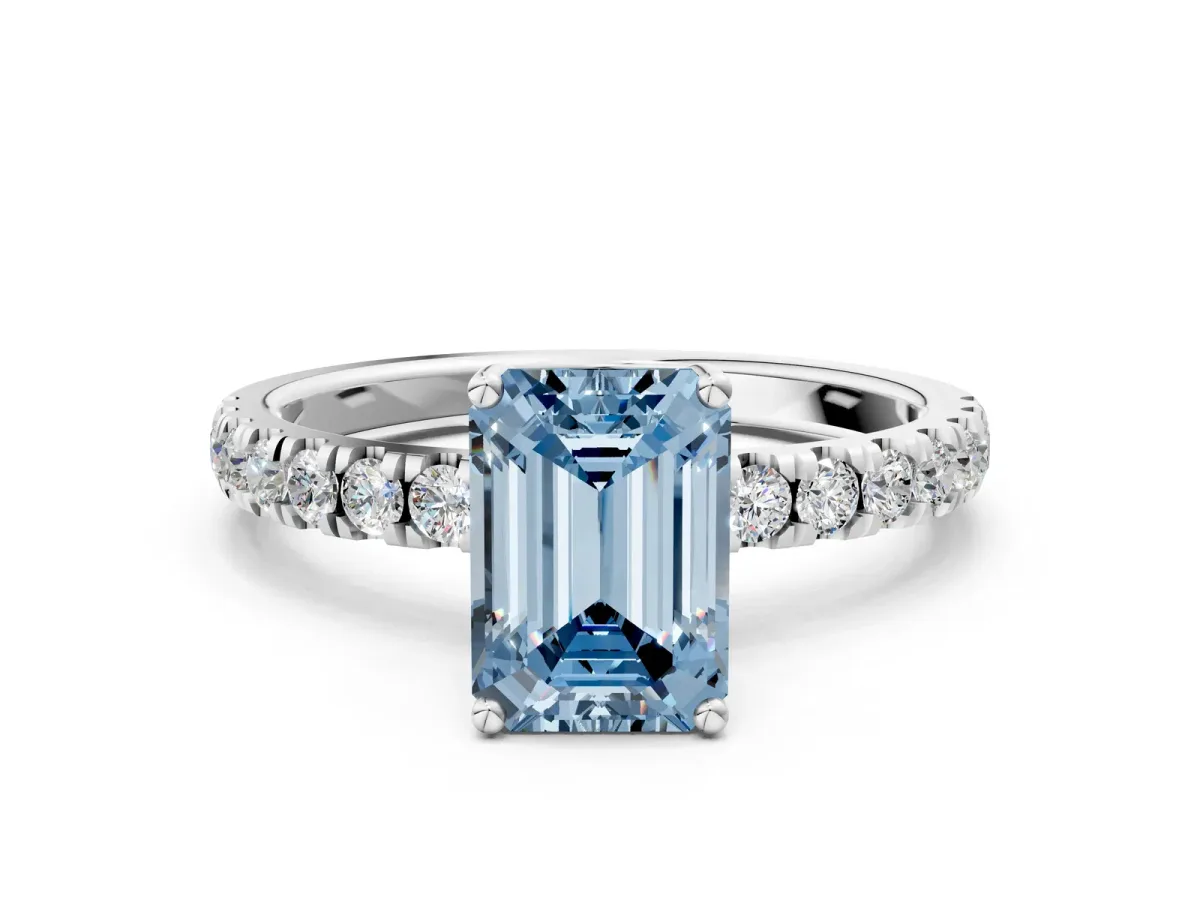 Fancy Blue Emerald Cut Diamond Pave Band Solitaire Ring with Round and Prong Setting Platinum