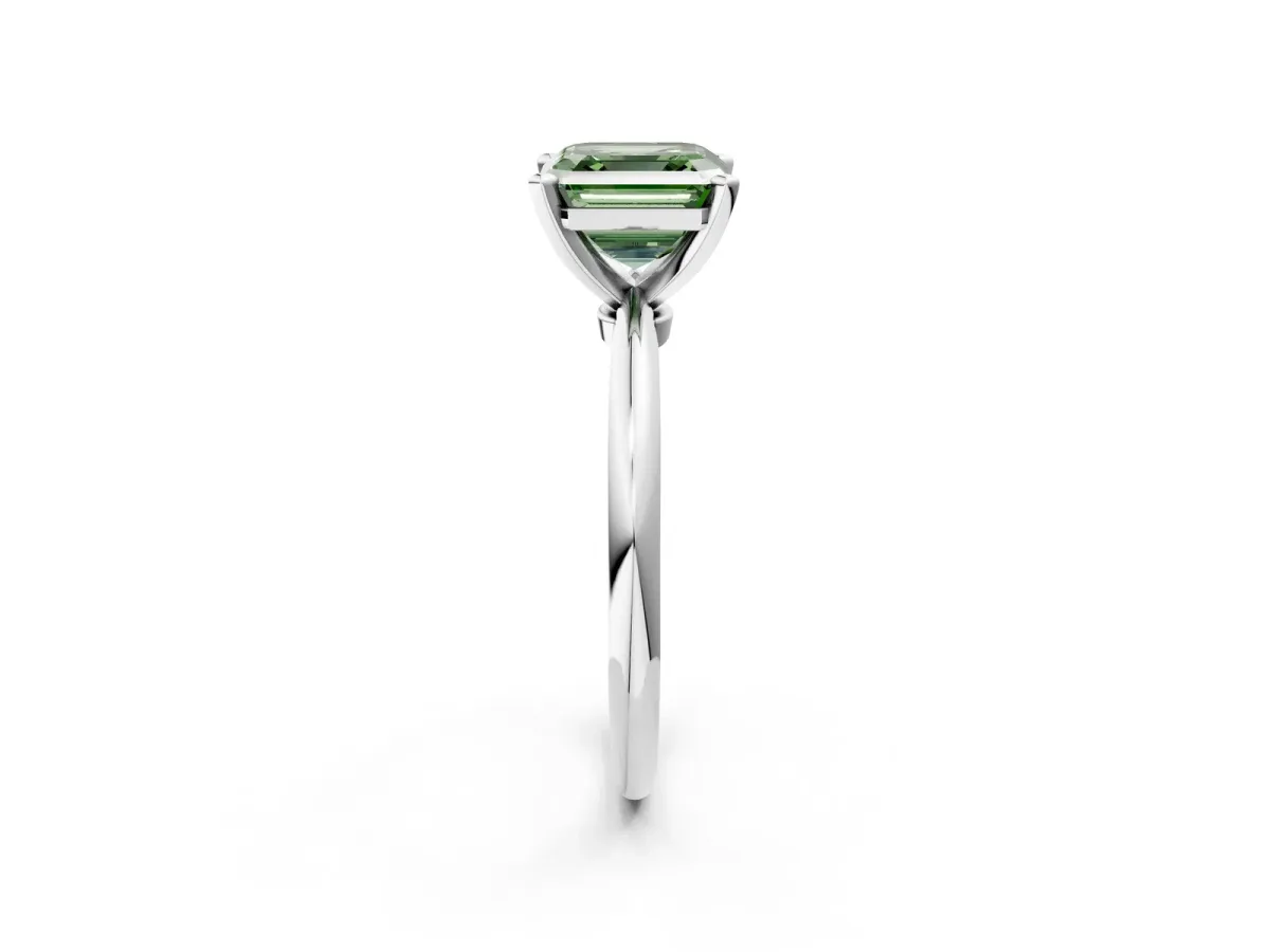 Fancy Green Asscher Cut Diamond Solitaire Ring with Six-Prong Setting and Classic Band Silver
