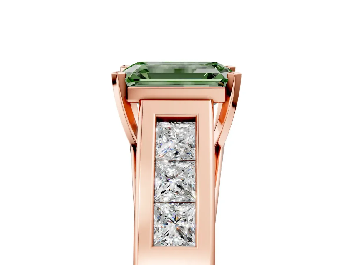 Fancy Green Emerald Cut Cut Channel Set Solitaire Ring with Four-Prong Setting Rose gold