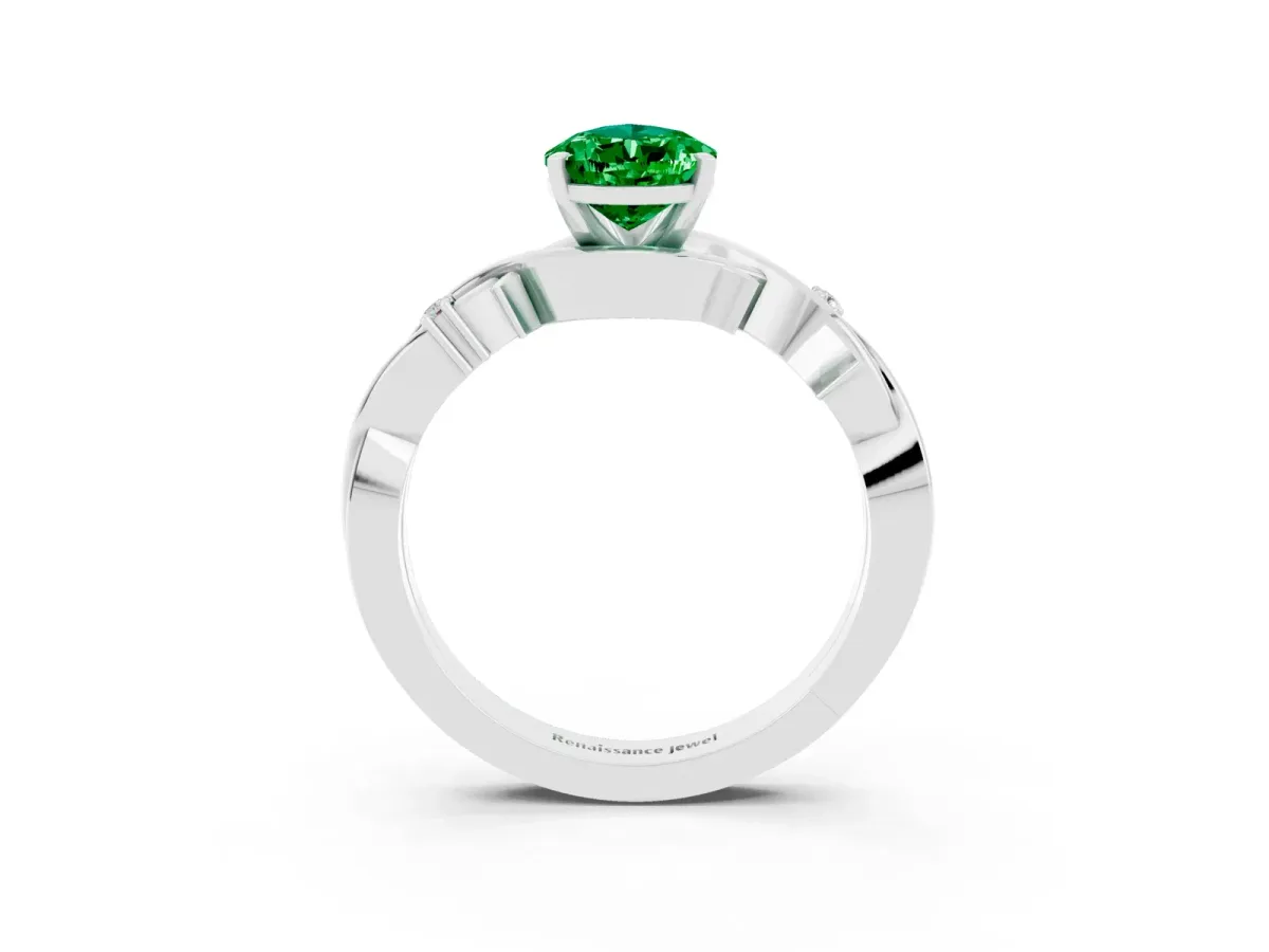 Pear Cut Emerald Solitaire Ring with Twisted Band and Prong Setting Silver