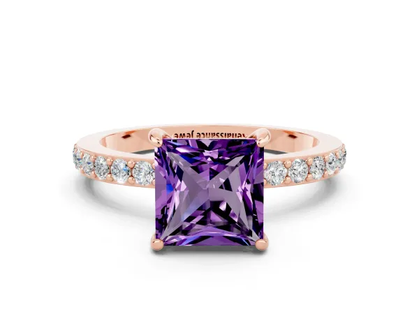 Princess Cut Amethyst Solitaire Engagement Ring with Pavé Band and Four-Prong Setting Rose gold