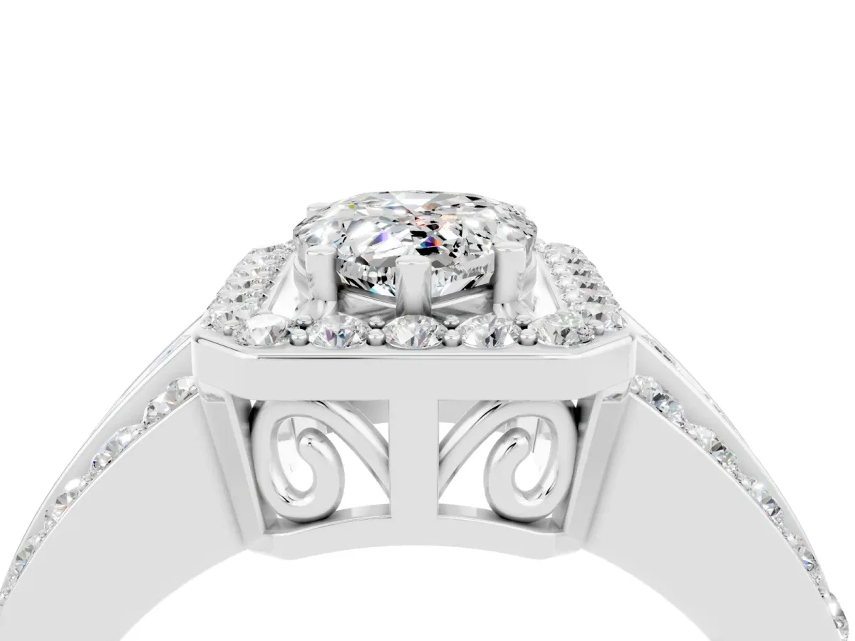 Pear Cut Halo Moissanite Ring with Round Split Shank and Prong Setting Silver