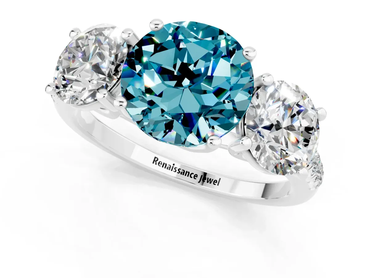 Three-Stone Round Cut Blue Topaz Ring with Round Pavé Band and Prong Setting Silver