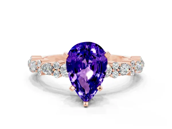 Pear Cut Tanzanite Side Stone Solitaire Ring with Round and Four-Prong Setting Rose gold