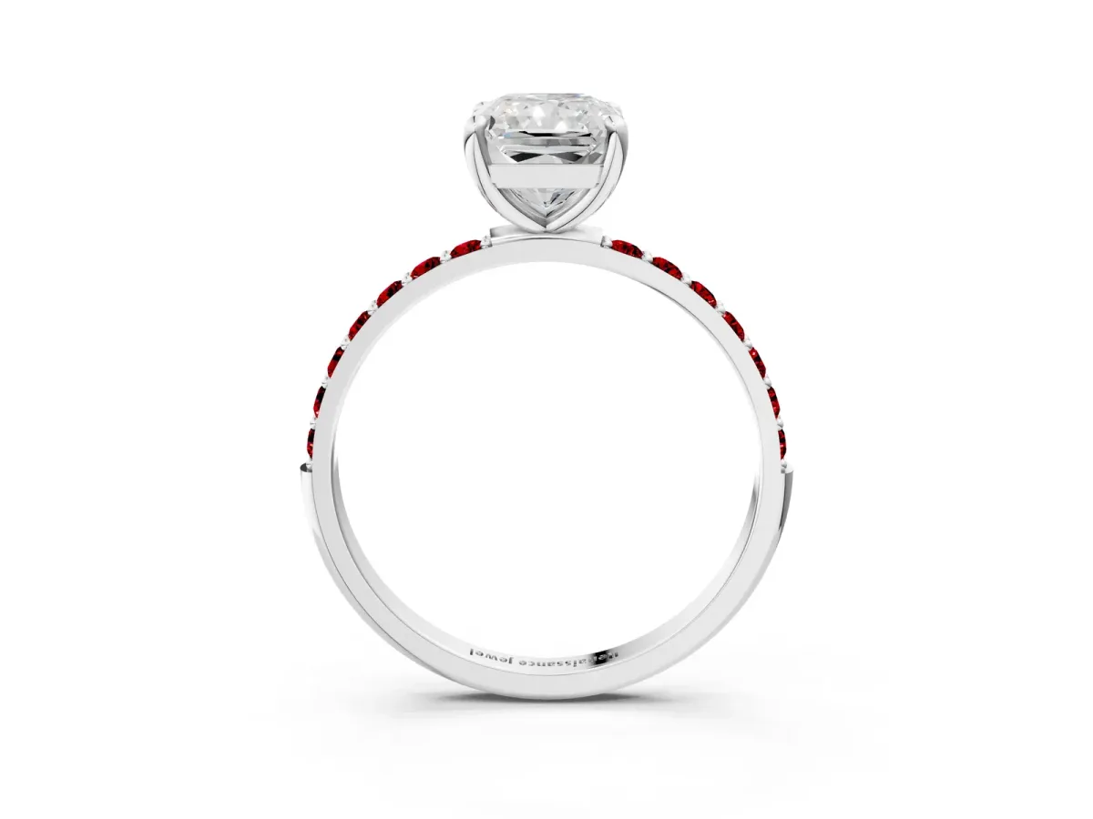 Radiant Cut Diamond Solitaire Ring with Round Ruby Pavé Band and Prong Setting Silver