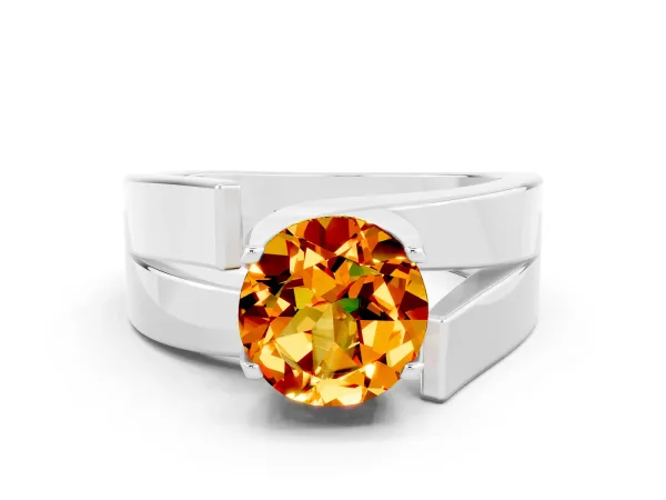 Modern Tension Set Round Cut Citrine Solitaire Wide Band Ring Platinum