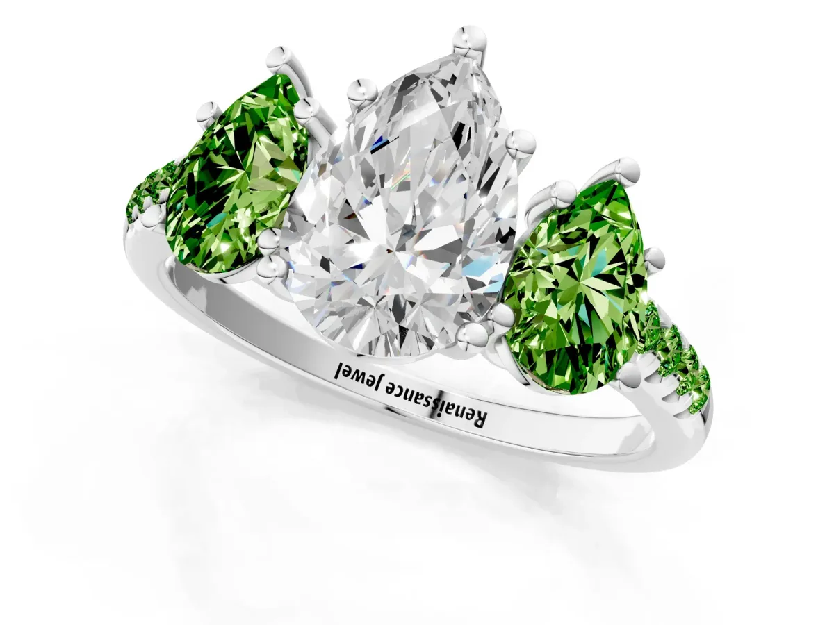 Three-Stone Pear Cut Diamond Ring with Round Peridot Pavé Band and Prong Setting Silver