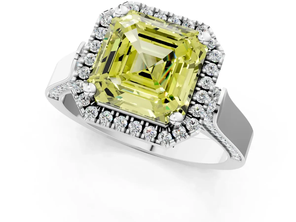 Fancy Yellow Asscher Cut Halo Pave Split Shank Prong Setting Ring Platinum