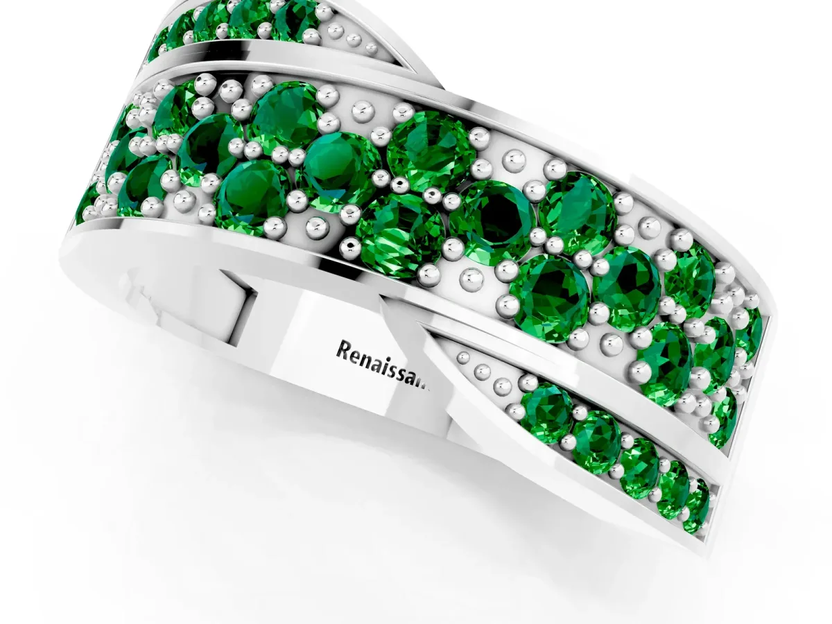 Pavé Round Emerald Crossover Band with Bead Prong Setting Silver