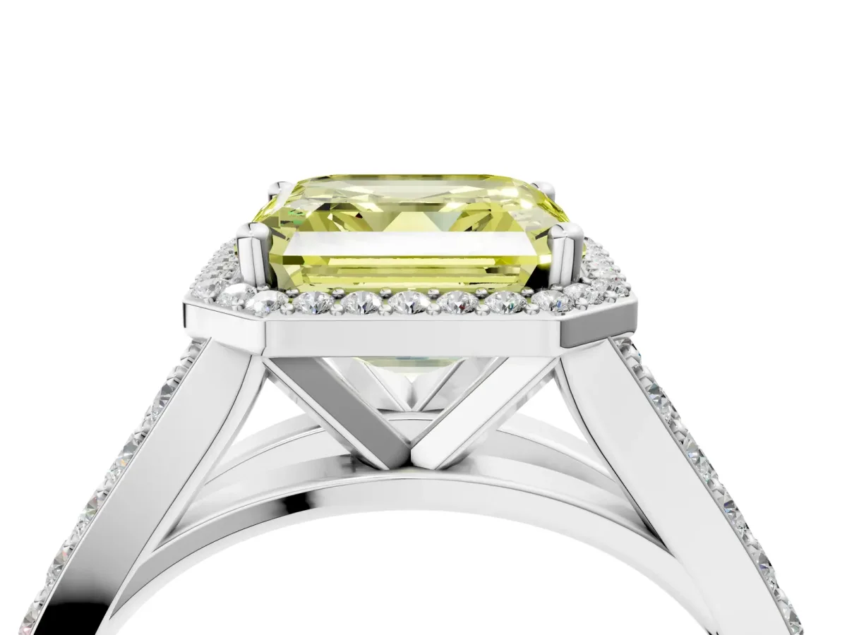 Fancy Yellow Asscher Cut Diamond Split Shank Halo Ring with Four-Prong Setting Platinum