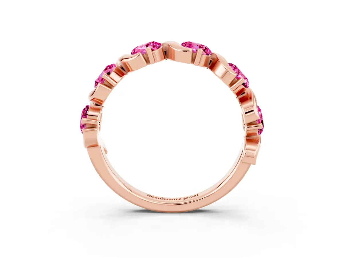 Round Pink Sapphire Half Eternity Band with Wave Prong Setting Rose gold