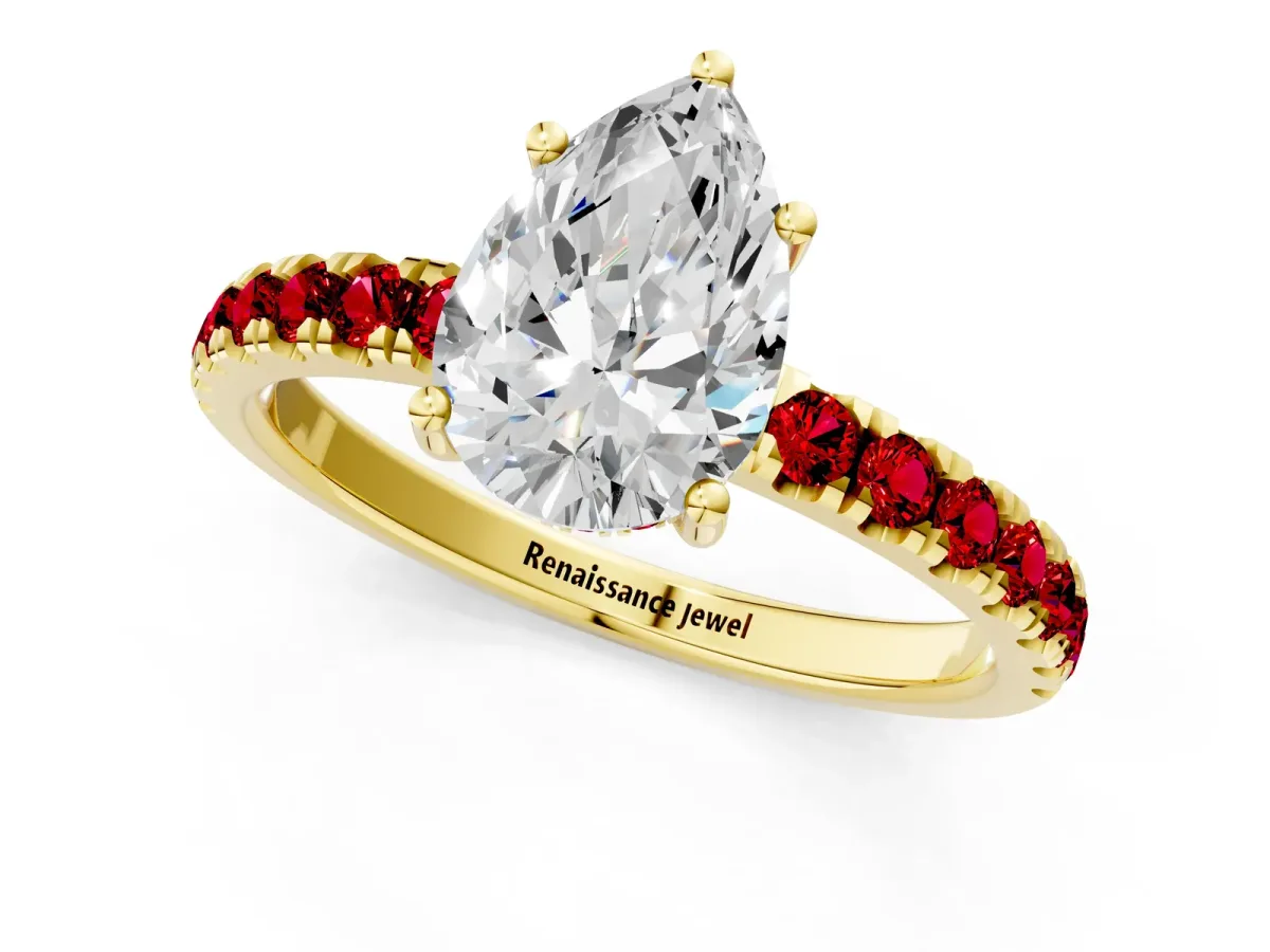 Pear Cut Diamond Pave Band Solitaire Ring with Round Ruby and Prong Setting Yellow gold