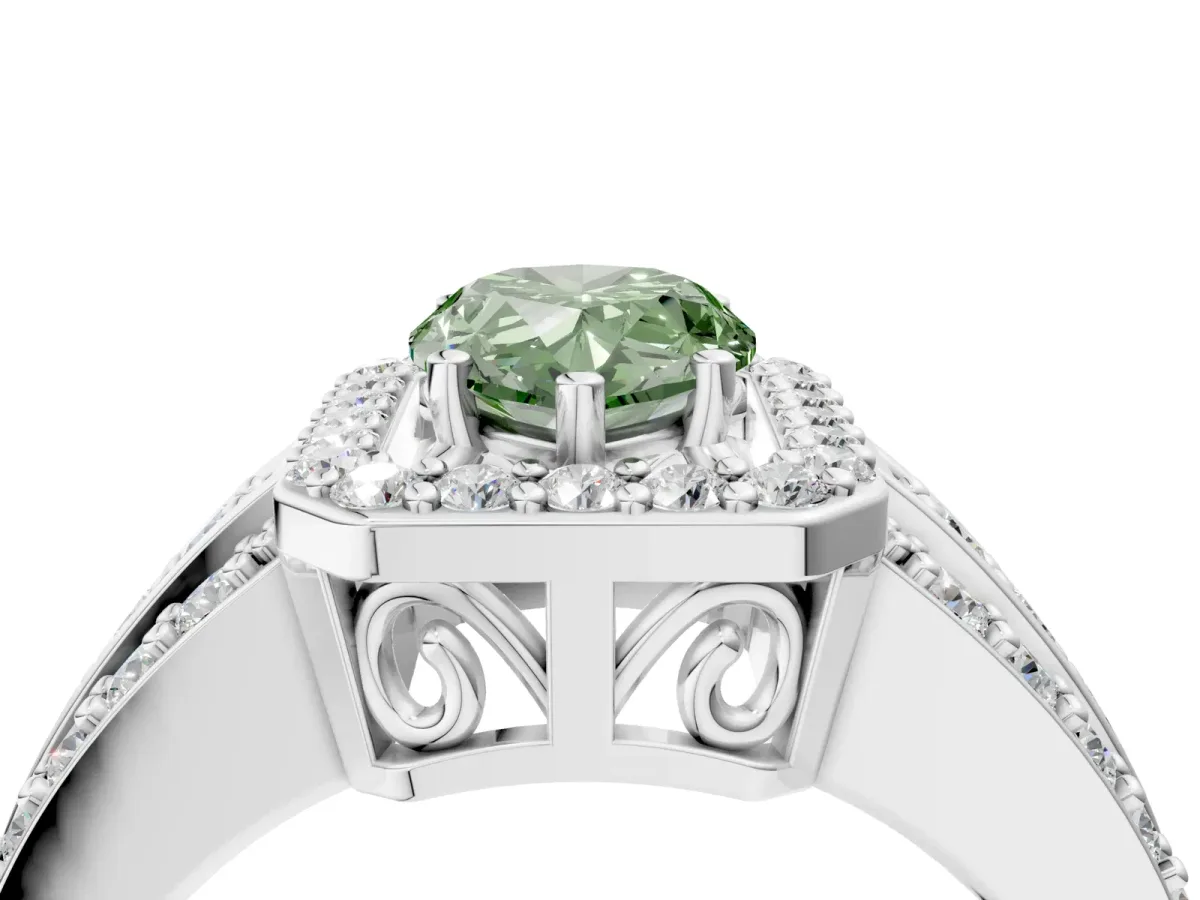 Fancy Green Pear Cut Halo Diamond Ring with Round Split Shank and Prong Setting Silver