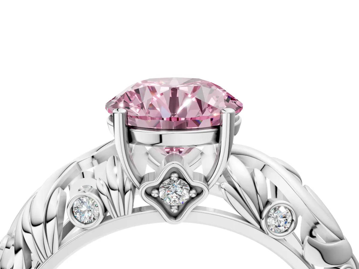 Fancy Pink Round Cut Solitaire Diamond Leaf-Inspired Vine Band Ring with Prong Setting Silver
