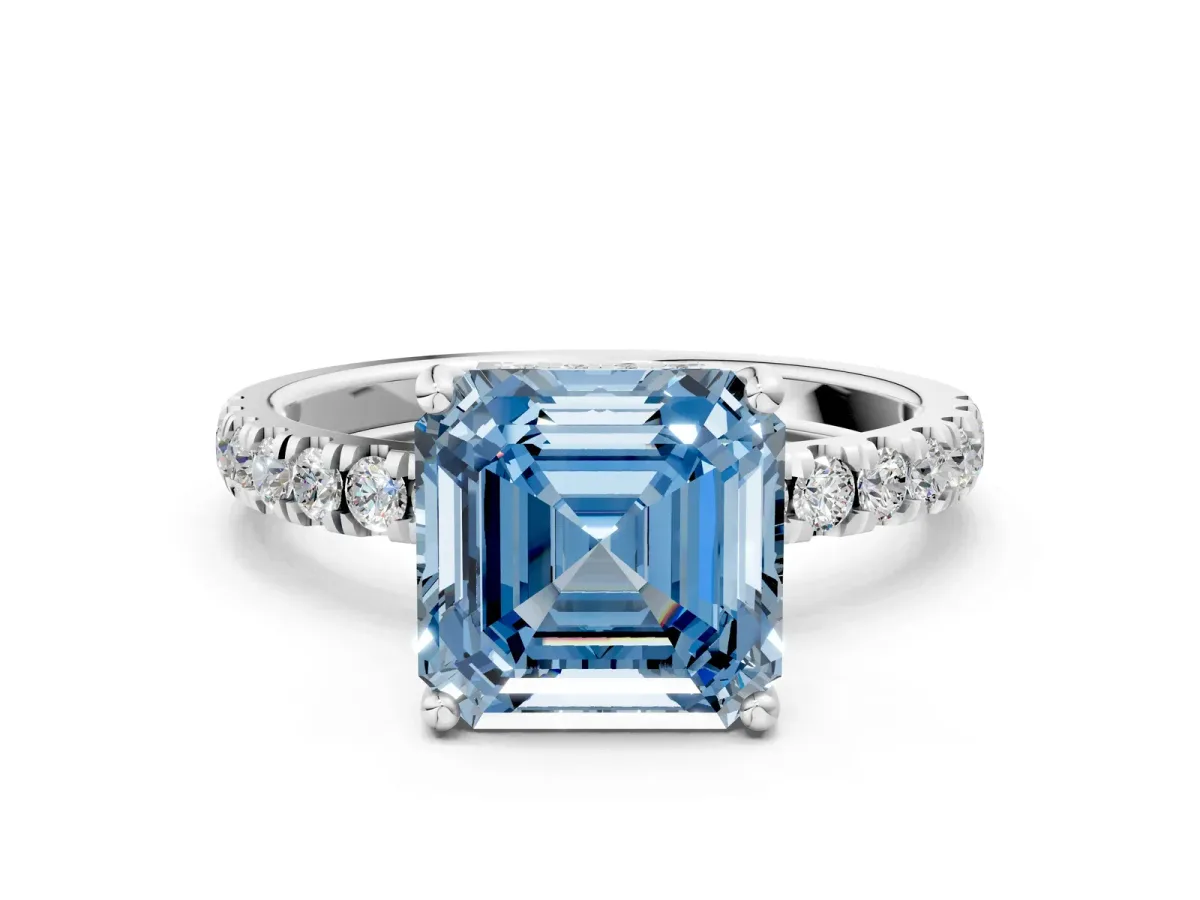 Fancy Blue Asscher Cut Diamond Pave Band Solitaire Ring with Round and Prong Setting Platinum