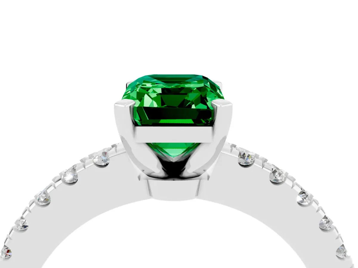Emerald Cut Solitaire Emerald with Pavé Band and Four-Prong Setting White gold
