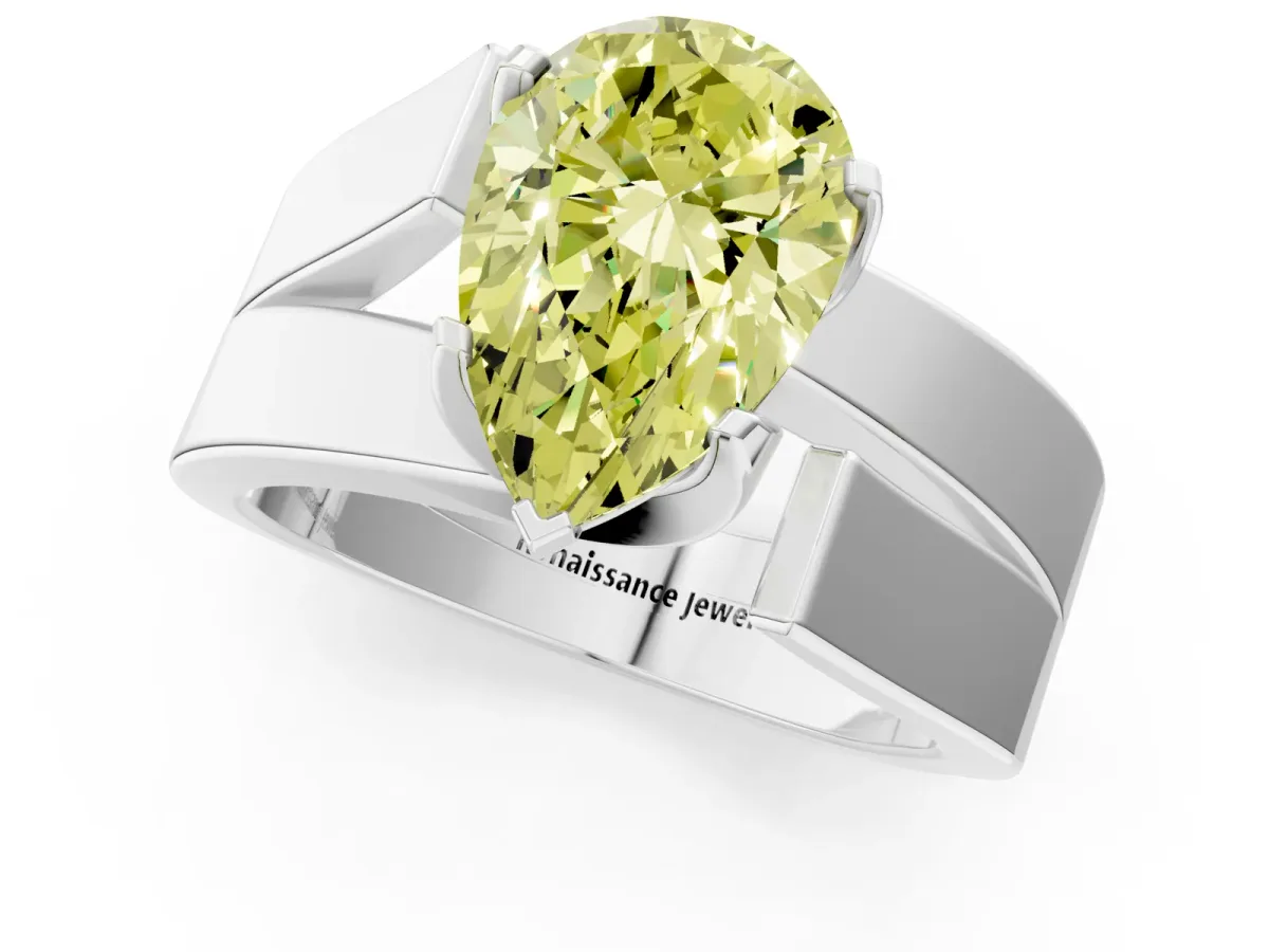 Fancy Yellow Modern Tension Set Pear Cut Diamond Solitaire Wide Band Ring Silver